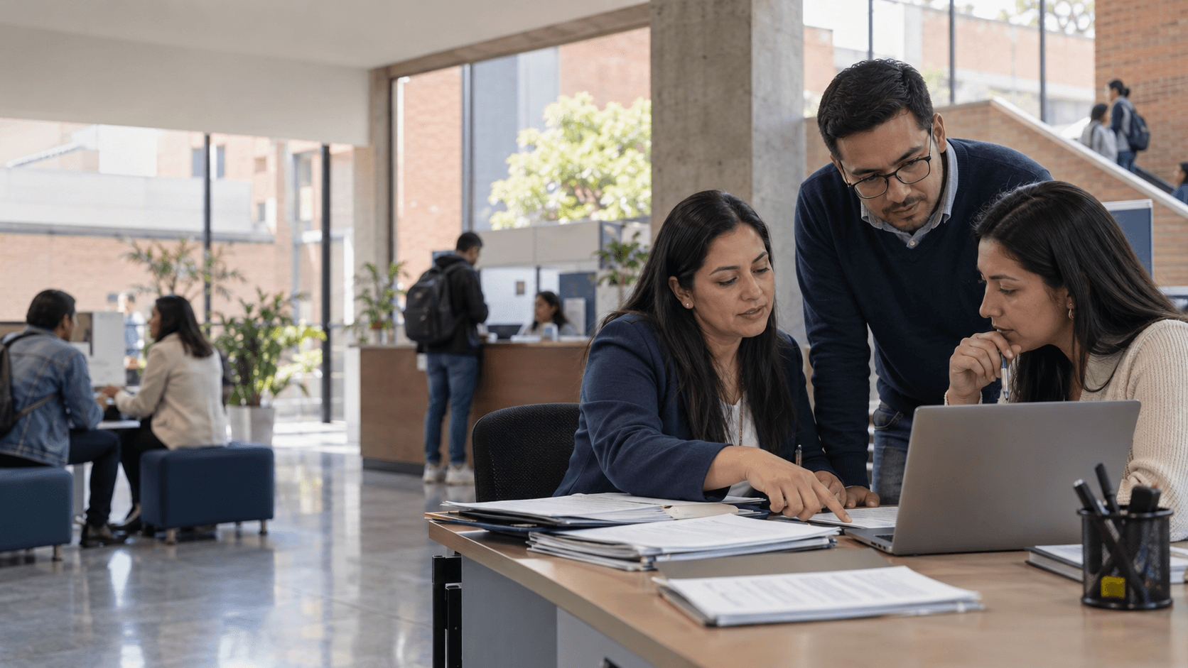 Escena generada de un equipo universitario colombiano que revisa procesos de admisión y matrícula