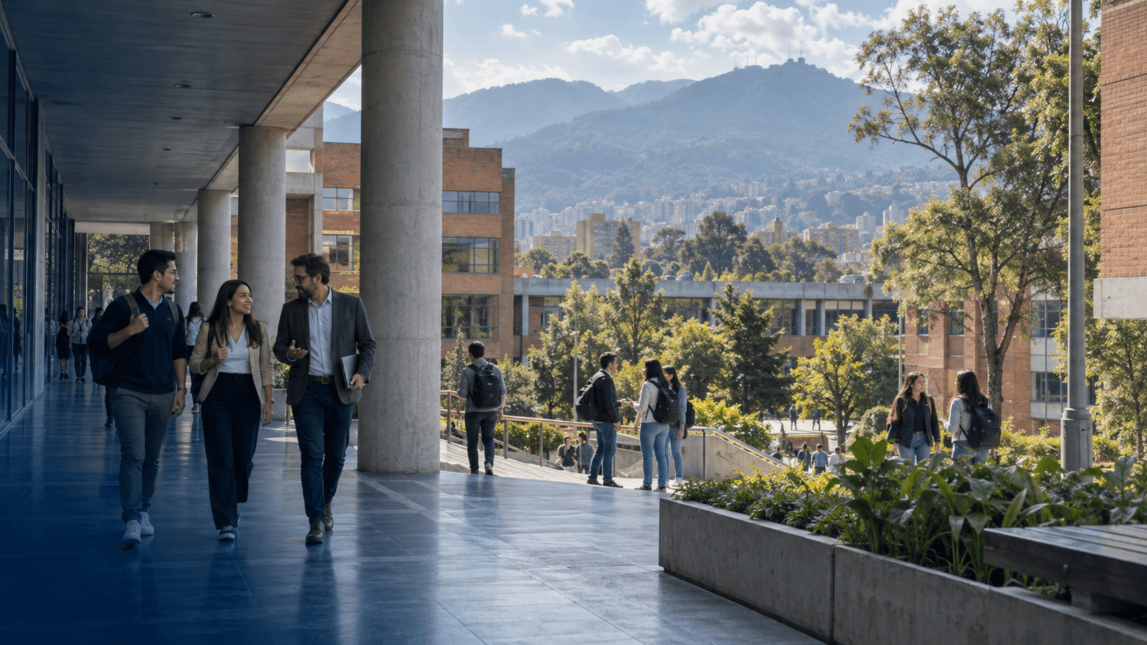 Escena ilustrativa de un campus universitario colombiano con estudiantes y personal académico